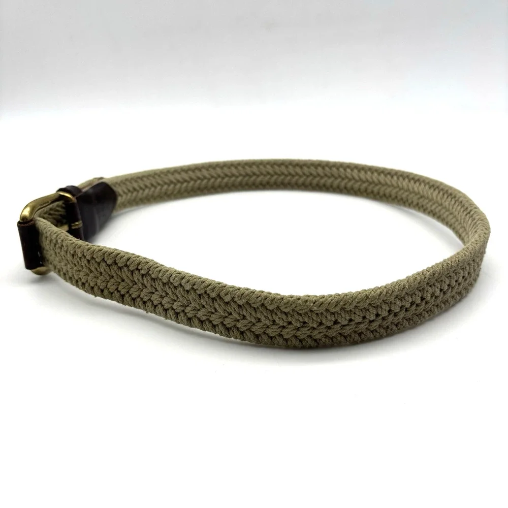 Vintage 90s Dockers 2593 Beige Woven Cotton Brown Leather Brass Buckle Belt 32